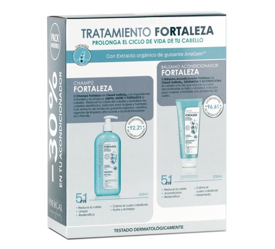 Trasera con INCI y beneficios del pack ahorro de la línea fortaleza anticaída de cleare