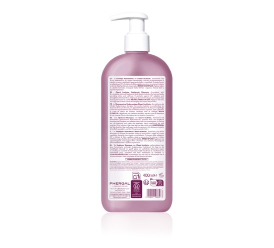 Trasera con inci e ingredientes del champú con ácido hialurónico de clearé institute