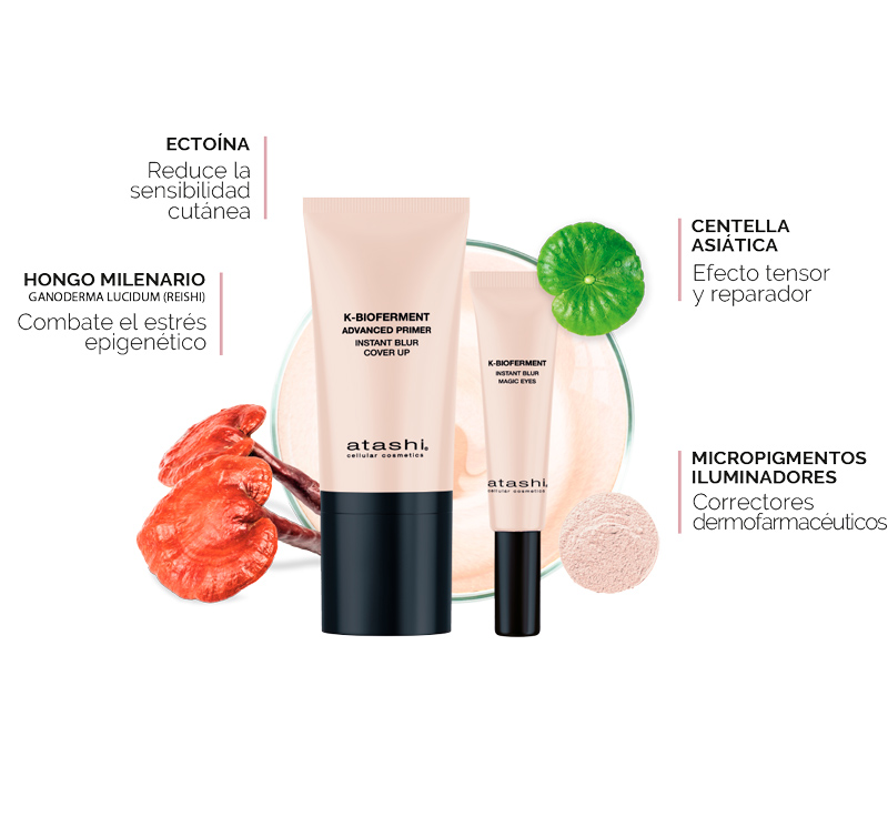 Principales ingredientes y beneficios del primer y contorno kbioferment instant blur